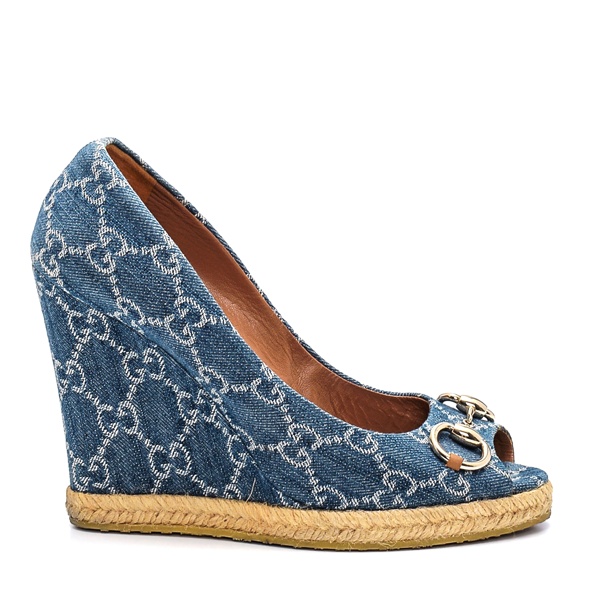 Gucci - Blue GG Denim Charlotte Horsebit Wedge Pumps